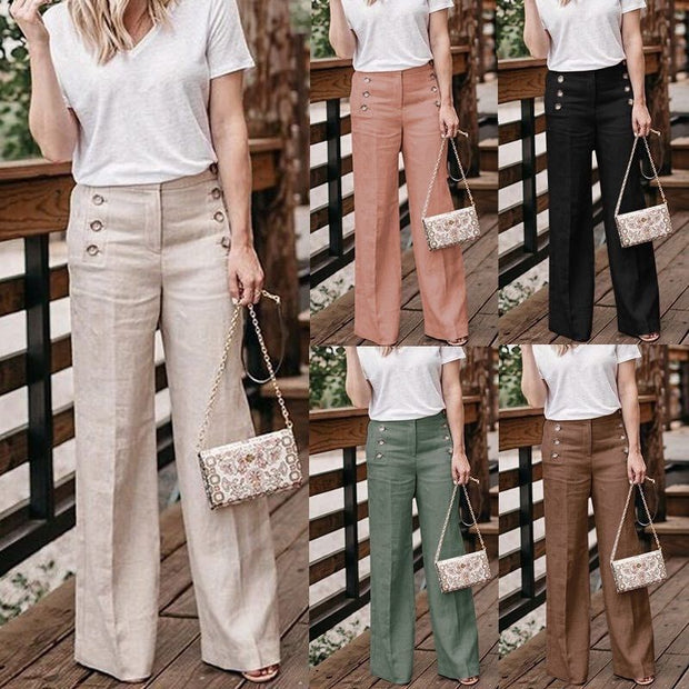 Button Wide Leg Pants for Women – Casual Cotton High Waist Loose Trousers | Comfortable & Stylish