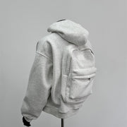 Back Schoolbag Design Men’s Coat – Hooded Casual Jacket in Flower Gray & Black | Stylish Polyester Cotton Outerwear