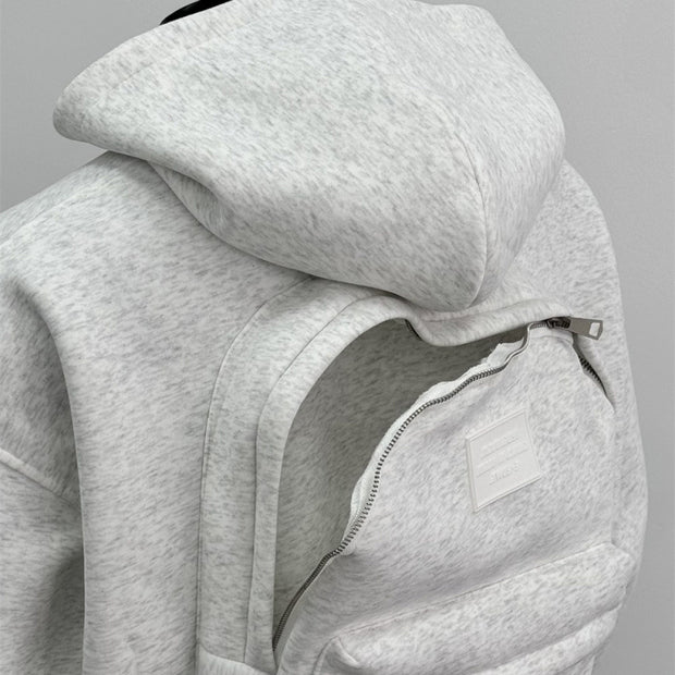 Back Schoolbag Design Men’s Coat – Hooded Casual Jacket in Flower Gray & Black | Stylish Polyester Cotton Outerwear